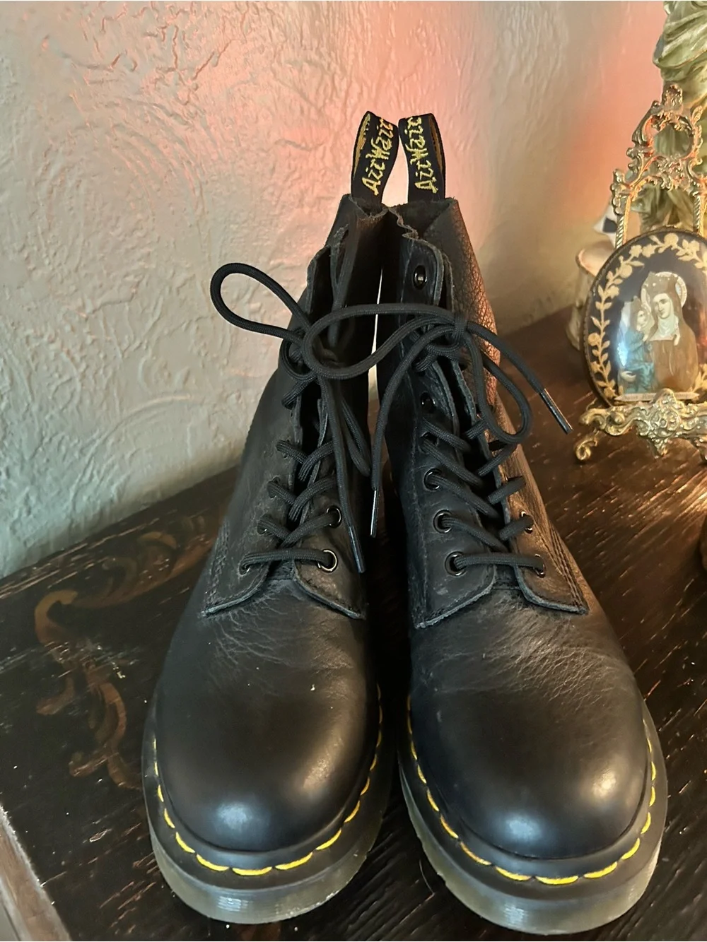 Dr. Martens Pascal Virginia Black Leather Lace-Up Boots with Yellow Stitching